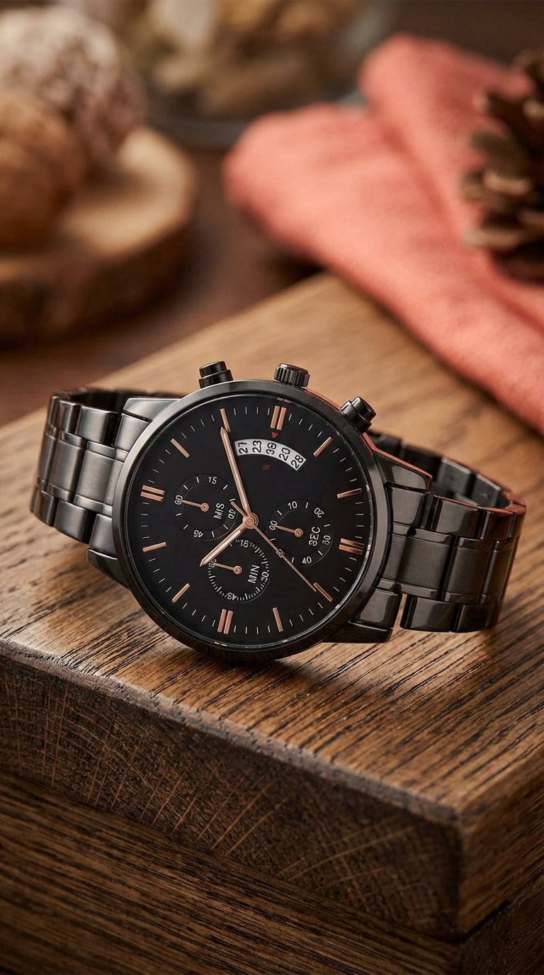 Close-up of black chronograph watch with copper face and three dials, set on textured wood with warm ambient lighting.