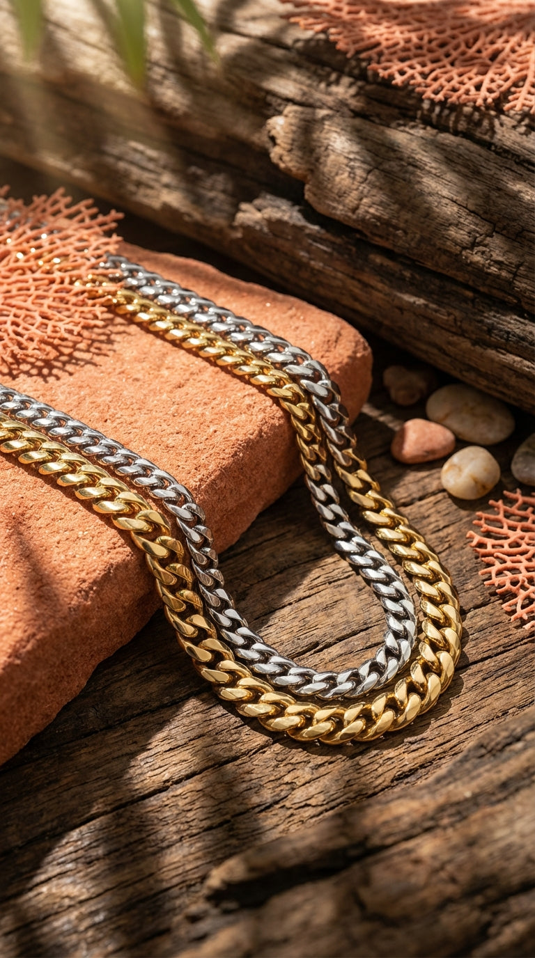 Close-up of the Never Forget Cuban Link Chain showcasing delicate links and micro-texture in natural light, placed on textured stone or wood.