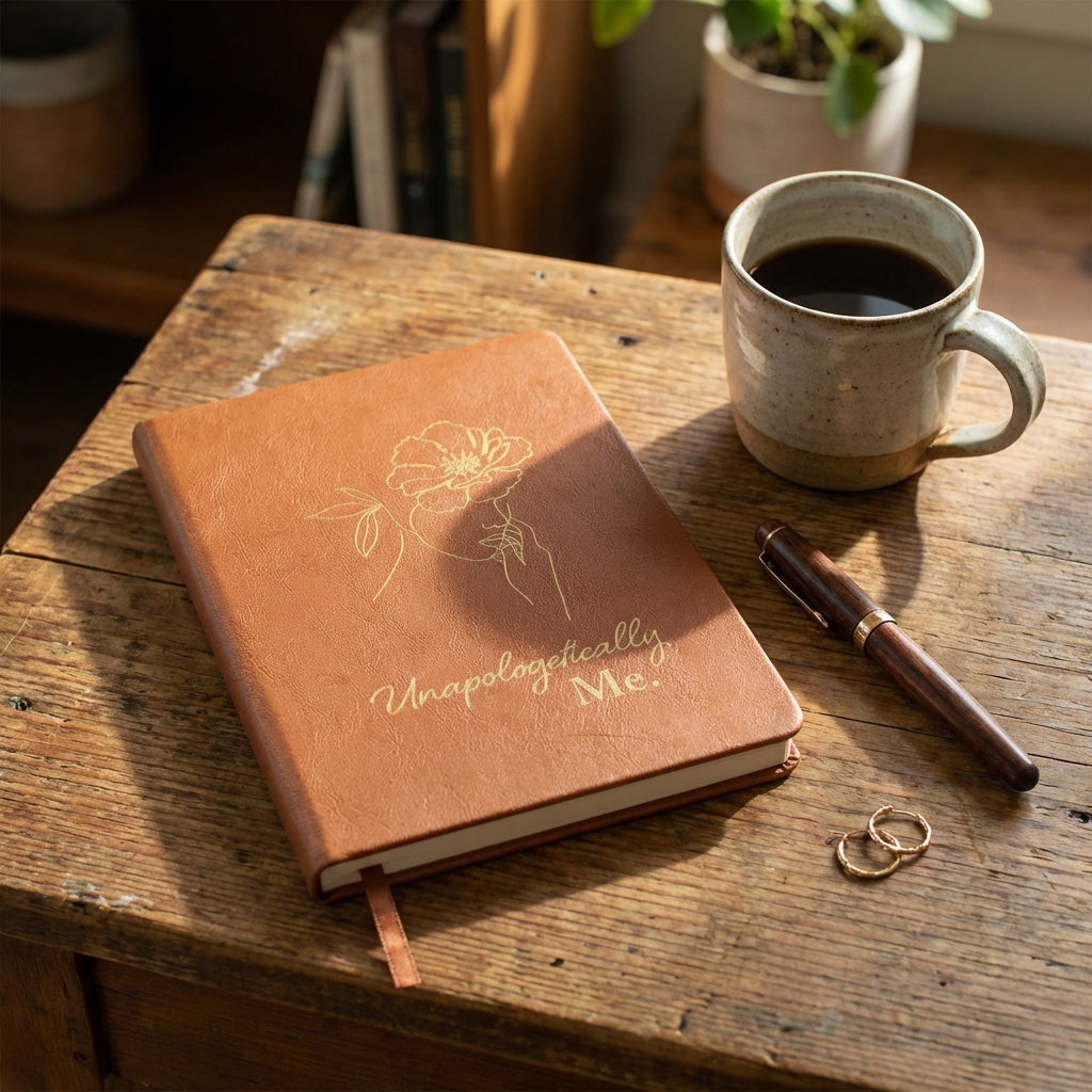 Stylish close-up of 'Unapologetically Me' vegan leather journal on rustic table with coffee mug and decorative pen, illuminated by warm sunlight.