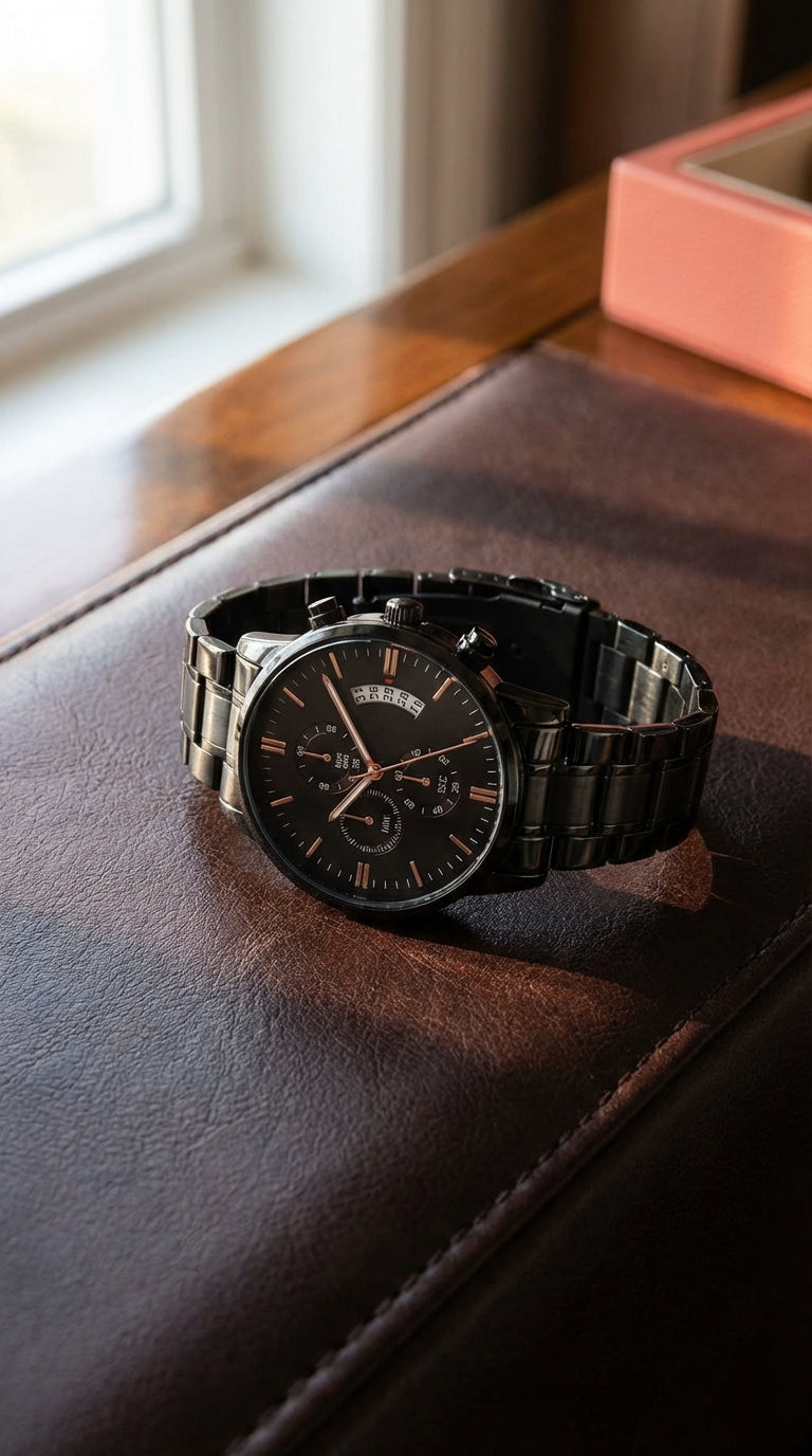 Elegant full-body view of black watch on dark leather, highlighting stainless steel finish and adjustable clasp.