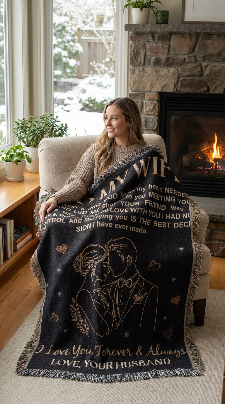 Full-body shot of a person with the heirloom blanket on lap near fireplace, capturing warmth and love in natural and warm indoor lighting.